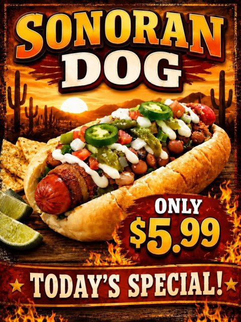 Food, Hot Dog. Text: DOG ONLY $5.99 TODAY'S SPECIAL!