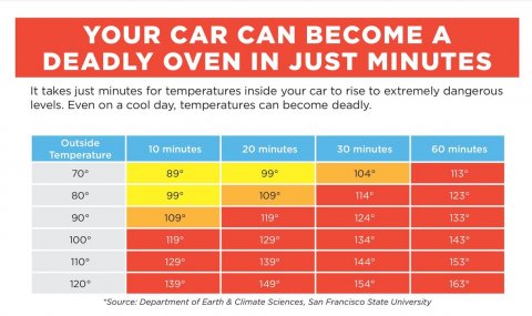 Chart, Plot, Scoreboard. Text: YOUR CAR CAN BECOME A DEADLY OVEN IN JUST MINUTES It takes just minutes for temperatures inside your car to rise to extremely dangerous levels. Even on a cool day, temperatures can become deadly. Outside 10 minutes 20 minutes 30 minutes 60 minutes Temperature 70° 89° 104° 113° 80° 99° 114° 90° 124° 133° 100° 119° 129° 134° 143° 110° 139° 144° 153° 120° 163° *Source: Department of Earth &amp; Climate Sciences, San Francisco State University