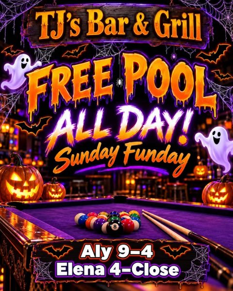 Indoors, Game, Gambling. Text: TJ's Bar &amp; Grill FREE POOL ALL DAY! Sunday Funday 8 Aly 9-4 Elena 4-Close
