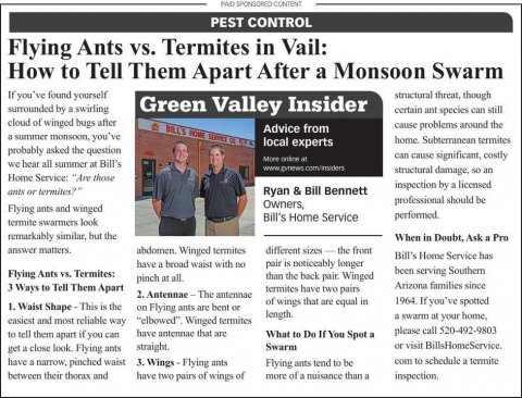 Newspaper, Text, Person. Text: PAID SPONSORED CONTENT PEST CONTROL Flying Ants vs. Termites in Vail: How to Tell Them Apart After a Monsoon Swarm If you 've found yourself structural threat, though surrounded by a swirling Green Valley Insider certain ant species can still cloud of winged bugs after cause problems around the Advice from a summer monsoon, you've home. Subterranean termites local experts probably asked the question can cause significant, costly we bear all summer at Bill's structural damage, so an Home Service: "Are those inspection by a licensed ants or termites?" Ryan &amp;