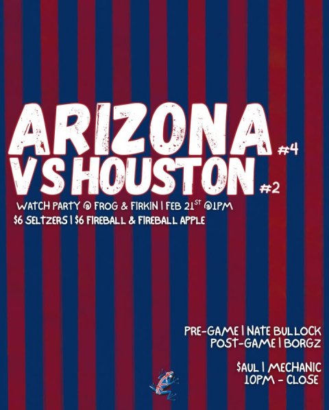 Advertisement, Poster, Publication. Text: WATCH PARTY @ FROG &amp; F FIRKIN FEB 21st @IPM $6 SELTZERS $6 FIREBALL &amp; FIREBALL APPLE PRE-GAME NATE BULLOCK POST-GAME I BORGZ $AUL I MECHANIC