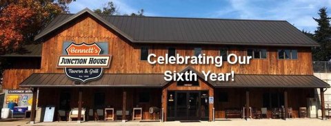 Nature, Outdoors, Countryside. Text: Bennett's JUNCTION HOUSE Celebrating Our to - Sixth Year!