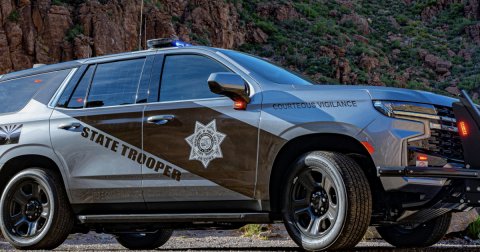 Car, Police Car, Vehicle. Text: COURTEOUS VIGILANCE STATE TROOPER