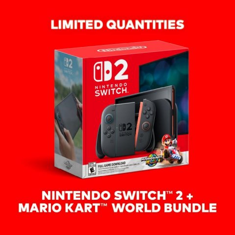 Computer Hardware, Hardware, Person. Text: LIMITED QUANTITIES NINTENDO SWITCH FULL GAME DOWNLOAD NINTENDO SWITCH™ TM 2 + MARIO KART™ WORLD BUNDLE
