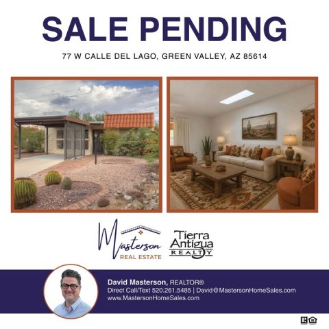 Living Room, Advertisement, Person. Text: SALE PENDING 77 W CALLE DEL LAGO, GREEN VALLEY, AZ 85614 Y REAL ESTATE David Masterson, REALTOR® www.MastersonHomeSales.com