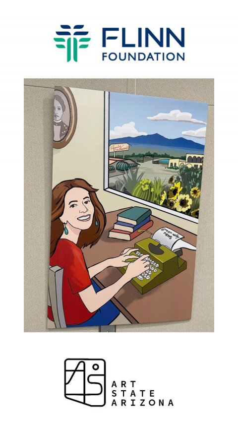 Advertisement, Poster, Person. Text: FLINN FOUNDATION news ART STATE ARIZONA