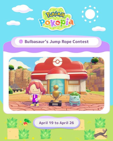 Baby, Person, Play Area. Text: PoKéMoN pokopia Bulbasaur's Jump Rope Contest April 19 to April 26