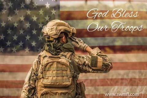 Military, Military Uniform, Soldier. Text: God Bless Our Troops www.swmfl.com
