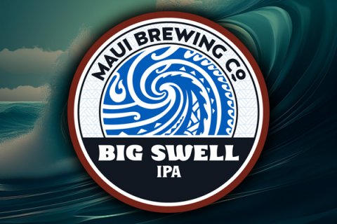 Logo, Emblem, Blackboard. Text: BREWING MAUI BIG SWELL IPA
