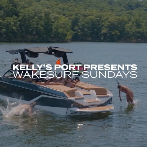 Yacht, Boat, Person. Text: KELLY'S PORT PRESENTS WAKESURF SUNDAYS