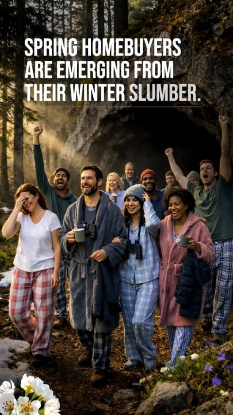 Pants, Pajamas, Outdoors. Text: SPRING HOMEBUYERS ARE EMERGING FROM THEIR WINTER SLUMBER.
