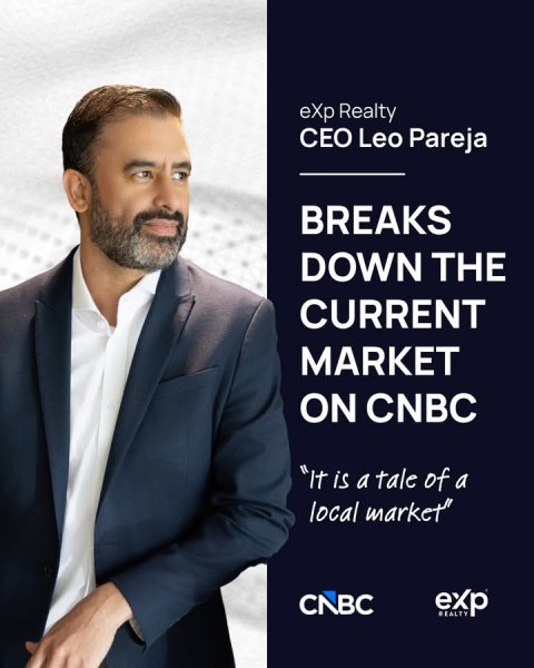 Blazer, Suit, Advertisement. Text: eXp Realty CEO Leo Pareja BREAKS DOWN THE CURRENT MARKET ON CNBC "It is a tale of a local market" CNBC exp REALTY