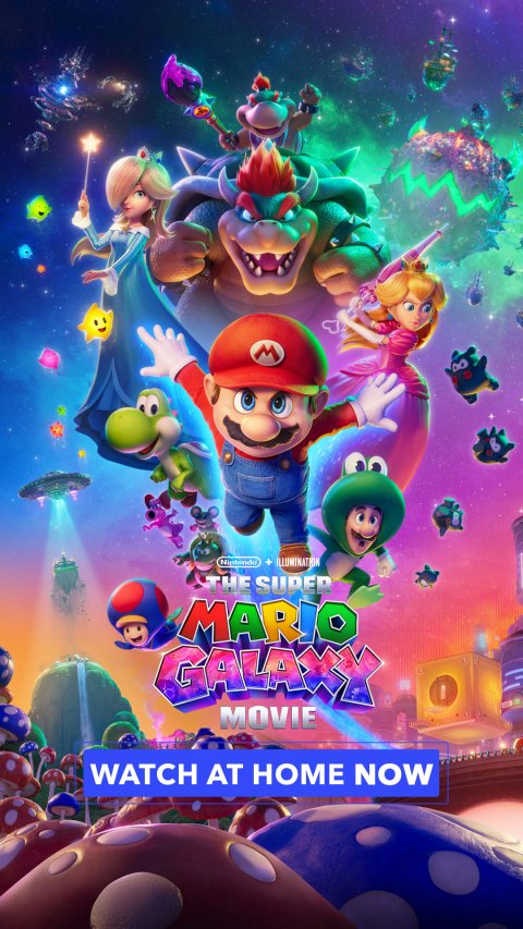 Baby, Person, Game. Text: + ILLUMINATION THE SUPER MARIO MOVIE WATCH AT HOME NOW