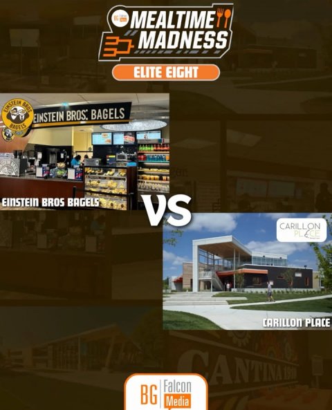 Advertisement, Person, Poster. Text: MEALTIME MADNESS ELITE EIGHT EINSTEIN BROS EINSTEIN BROS: BAGELS BAGELS EINSTEIN BROS BAGELS VS CARILLON CARILLON PLACE Falcon BG Media