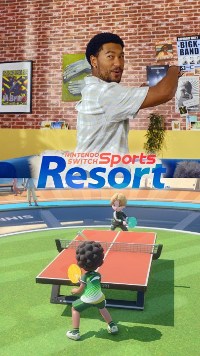 Adult, Man, Person. Text: BIGK BAND Resort SWITCH Sports NNIS ORT