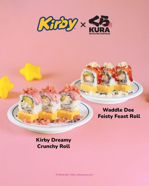 Dish, Meal, Advertisement. Text: KURA REVOLVING SUSHI BAR Waddle Dee Feisty Feast Roll Kirby Dreamy Crunchy Roll