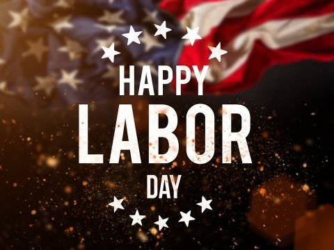 American Flag, Bride, Person. Text: HAPPY LABOR DAY
