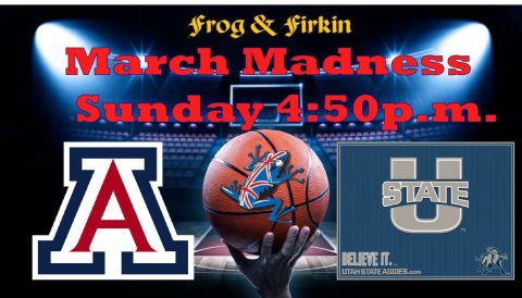 Basketball (Ball), Advertisement, Poster. Text: frog &amp; firkin March Madness Sunday 4:50p.m. UTAH STATE AGGIEB.com