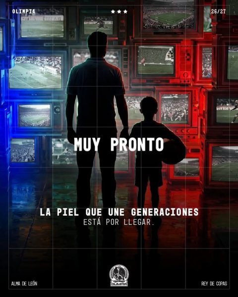 Computer Hardware, Monitor, Screen. Text: OLIMPIA 26/27 MUY PRONTO LA PIEL QUE UNE GENERACIONES ESTÁ POR LLEGAR. ALMA DE LEÓN REY DE COPAS