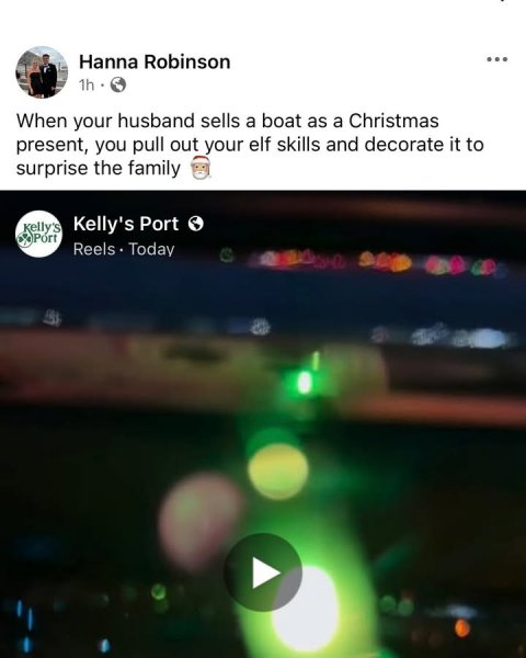 Lighting, Club, Night Club. Text: Hanna Robinson ... 1h When your husband sells a boat as a Christmas present, you pull out your elf skills and decorate it to surprise the family Kelly's Port Kelly's Port Reels Today