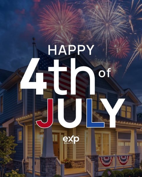 Neighborhood, City, American Flag. Text: HAPPY 4th of JULY exp REALTY