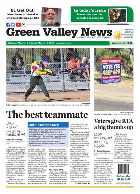 Newspaper, Text, Person. Text: B1 Get Out! In today's issue Meet the record-breaker Teen enters plea deal who's redefining age, B12 GY f Green Valley YOUR News VOICE YOUR Weather YOUR NEWS COMMUNITY VOTE YES KEEP PIMA MOVINO The best teammate Voters