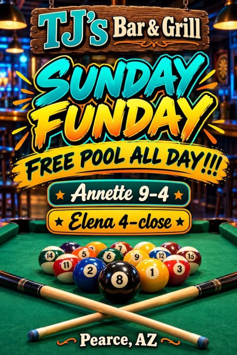 Furniture, Table, Indoors. Text: TJ's Bar&amp; Grill FUNDAY FREE POOL ALL DAY!!! Annette 9-4 Elena 4-close 7 5 14 6 12 9 15 11 3 2 1 8 Pearce, AZ