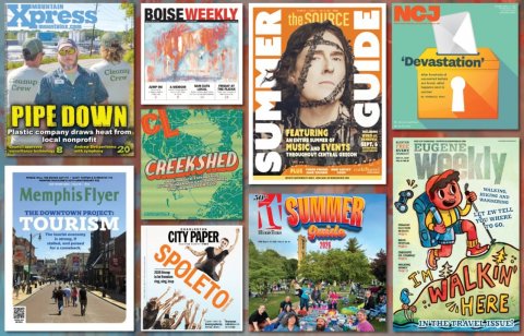 Publication, Book, Advertisement. Text: Xpress BOISEWEEKLY NCJ the SOURCE 'Devastation' Crew - - - - PIPE DOWN Plastic company draws heat from FEATURING GUIDE local nonprofit EUGENE CREEKSHED - - SUM MER weekly Memphis Flyer it SUMMER TOURISM YOU WHERE