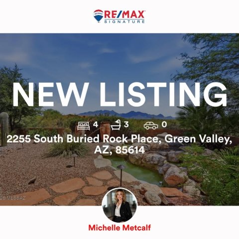 Rock, Path, Pond. Text: RE/MAX SIGNATURE NEW LISTING 4 3 2255 South Buried Rock Place, Green Valley, AZ, 85614 Michelle Metcalf