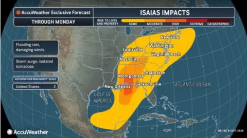 Plot, Land, Outdoors. Text: AccuWeather Exclusive Forecast ISAIAS IMPACTS THROUGH MONDAY RISK TO LIVES AND PROPERTY SOME MODERATE HIGH EXTREME CATASTROPHIC New York Flooding rain, Washington Louisville damaging winds Virginia Beach Nashville tornadoes Charleston Montgomery Jacksonville ATLANTIC OCEAN United States 2 New Orleans GULF OF AMERICA AccuWeather