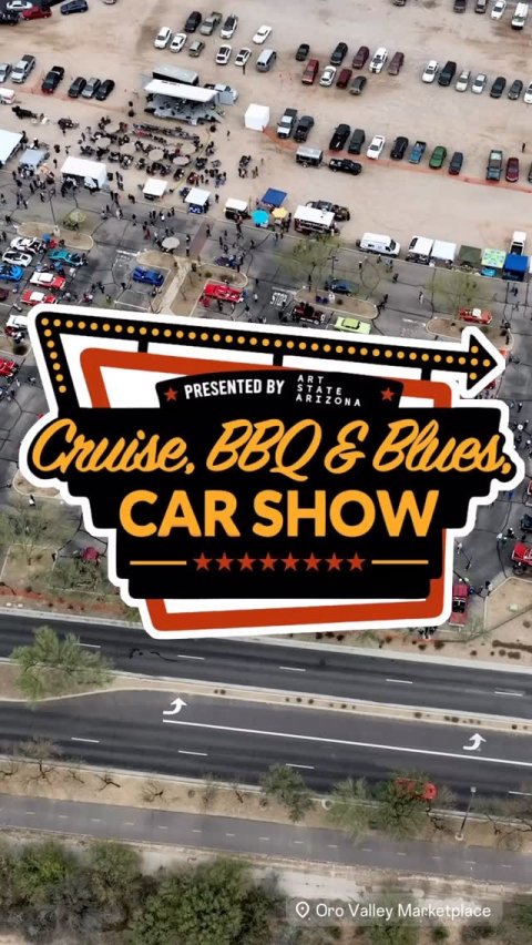 Road, Outdoors, Car. Text: ART PRESENTED BY STATE ARIZONA CAR SHOW Oro Valley Marketplace