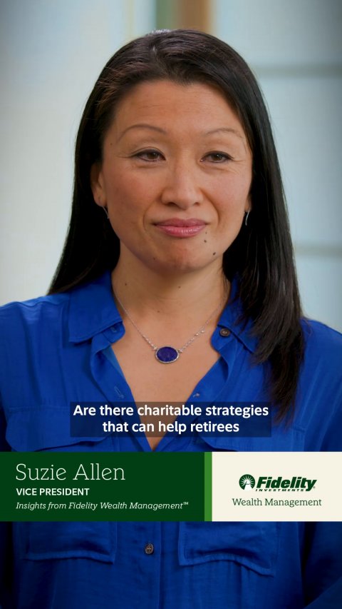 Accessories, Person, Woman. Text: Are there charitable strategies that can help retirees Suzie Allen VICE PRESIDENT Wealth Management Insights from Fidelity Wealth Management