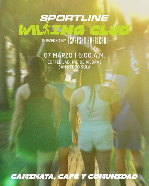 Advertisement, Poster, Walking. Text: SPORTLINE WALKING CLUB POWERED BY ESPRESSO AMERICANO COFFEE LAB, RIO DE PIEDRAS SAN PEDRO SULA CAMINATA, CAFÉ Y COMUNIDAD