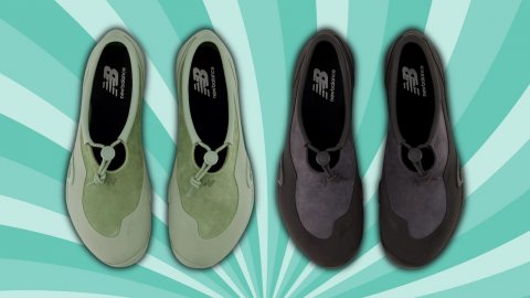 Shoe, Sneaker, Suede. Text: NB NB NB