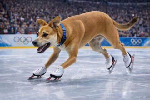 Dog, Ice Skating Dancing, Rink. Text: ChatGPT