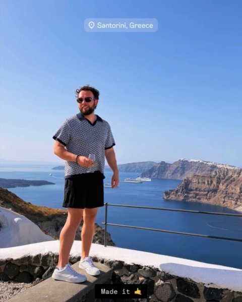 Shorts, Beachwear, Photography. Text: Santorini, Greece Made it
