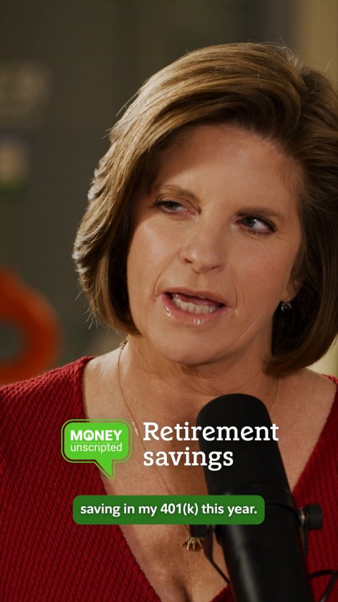 Head, Person, Woman. Text: MONEY Retirement unscripted savings saving in my 401(k) this year.