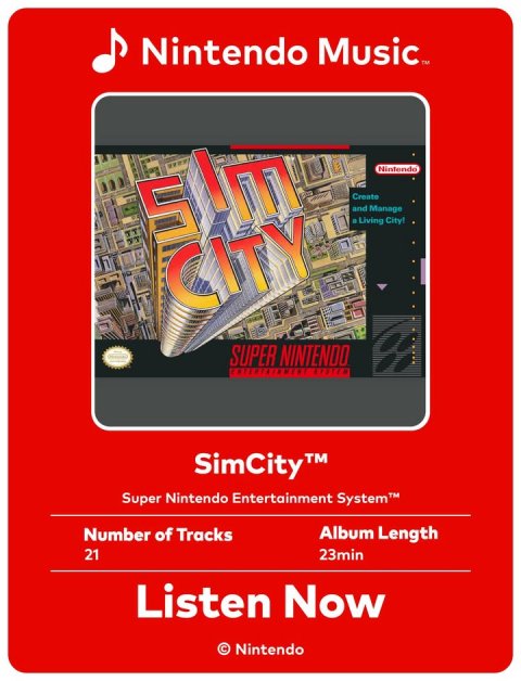 Advertisement, Poster, Electronics. Text: Nintendo Create and Manage CITY SUPER NINTENDO Super Nintendo Entertainment System™ Number of Tracks Album Length 21 23min Listen Now © Nintendo