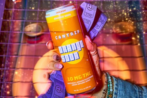 Tin, Can, Person. Text: CANTRIP SODA 10 MG THC