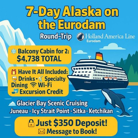 Advertisement, Poster, Boat. Text: 7-Day Alaska on the Eurodam Round-Trip Holland America Line Eurodam Balcony Cabin for 2: $4,738 TOTAL Have It All Included: Drinks Dining Wi-Fi Excursion Credit Glacier Bay Scenic Cruising Juneau Icy Strait Point Sitka Ketchikan Just $350 Deposit! Message to Book!