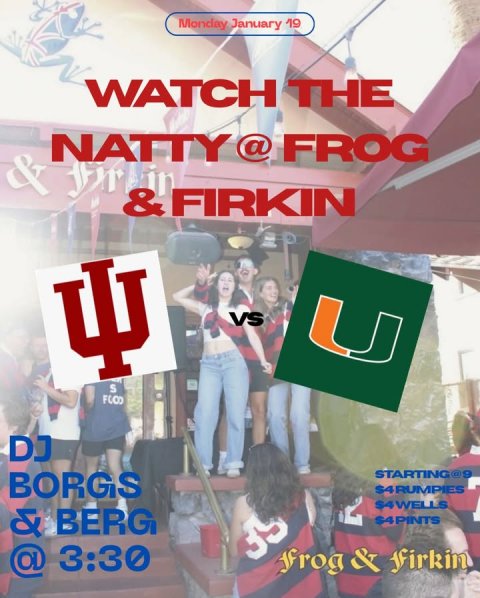 Advertisement, Poster, People. Text: Monday January 19 WATCH THE NATTY@ FROG &amp;FIRKIN U S DJ BORGS $4RUMPIES $4WELLS &amp; BERG $4PINTS @ 3:30