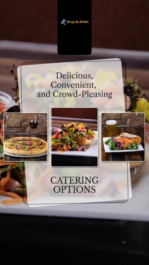 Lunch, Meal, Cafeteria. Text: Delicious, Convenient, and Crowd-Pleasing CATERING OPTIONS