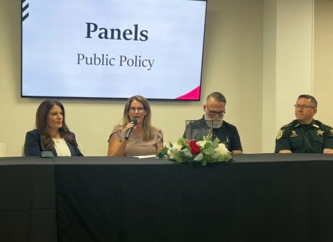 Microphone, Person, Woman. Text: Panels Public Policy