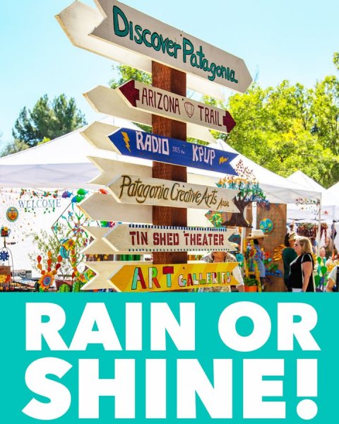 Advertisement, Poster, Person. Text: Discover Patagoria ARIZONA TRAIL RADIO WELCOME TIN SHED THEATER RAIN OR SHINE!