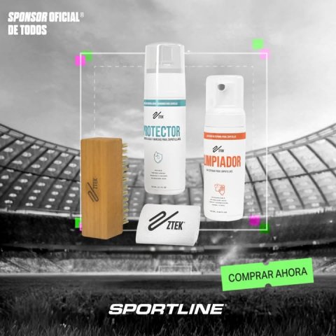 Cosmetics, Bottle, Can. Text: SPONSOR OFICIAL® DE TODOS V LIMPIADOR COMPRAR AHORA SPORTLINE