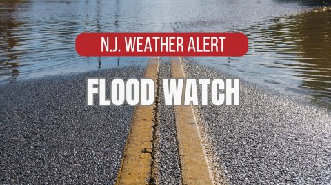 Road, Gravel, Pebble. Text: N.J. WEATHER ALERT FLOOD WATCH