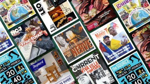 Publication, Book, Advertisement. Text: THE REVEL NCJ 2025 REVIEW 'Free Food! - ORCE FITNESS QUEEN 20 Shepherd NERVE Georgia 40 VIVA VILLA FONTANA - the SOURCE FITNESS HEALTH 20