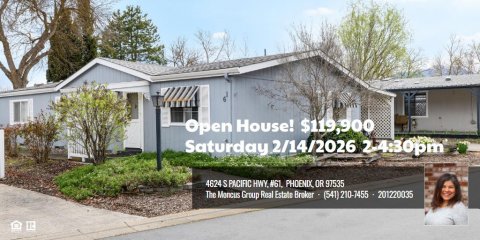 Neighborhood, Cottage, Backyard. Text: Open House! $119,900 Saturday 2/14/2026 24:30pm