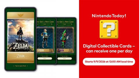Phone, Mobile Phone, Person. Text: Nintendo Today! ? ZELDA Digital Collectible Cards- 002 ELDA 014 can receive one per day ZELDA Starts 9/9/2026 at 12:00 AM local time