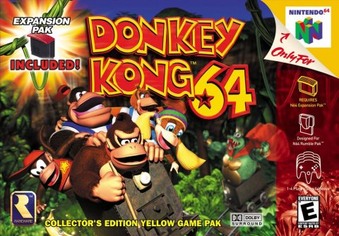 Book, Comics, Publication. Text: EXPANSION PAK DONKEY NN OnlyFor INCLUDED! KONG REQUIRES Designed For EVERYONE DOLBY E COLLECTOR'S EDITION YELLOW GAME PAK SURROUND